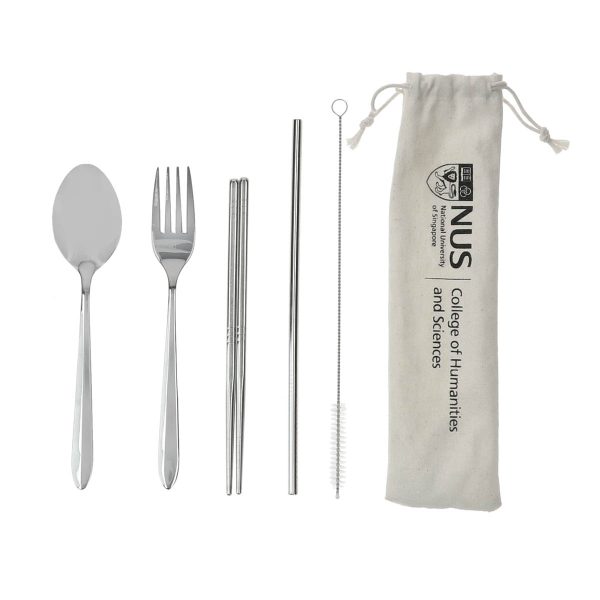 NUS College 5 in 1 Cutlery Set consist stainless steel spoon, fork, chopsticks, straw and brush in Cotton Canvas Drawstring Pouch