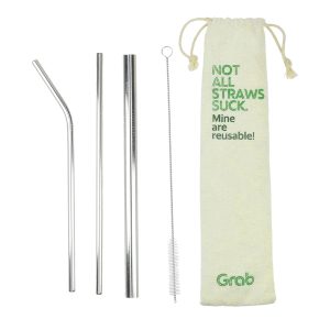 4 in 1 Stainless Steel Resuable Straws and Washing Brush with Cotton Canvas Pouch