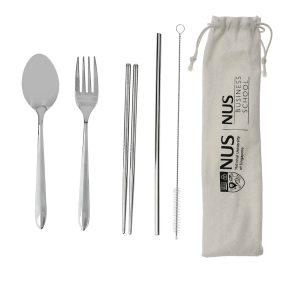 5 in 1 Cutlery Set consisting Stainless Steel Reusable Straw, Brush, Chopsticks, Fork & Spoon