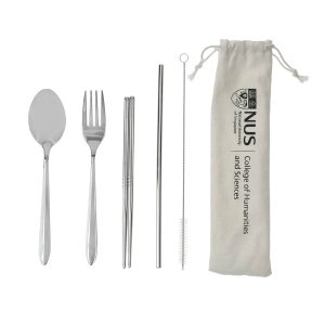 5 in 1 Cutlery Set consisting Stainless Steel Reusable Straw, Brush, Chopsticks, Fork & Spoon