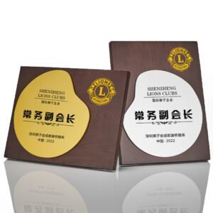 Wooden plaque with plate in die cut speech balloon plate in gold or silver