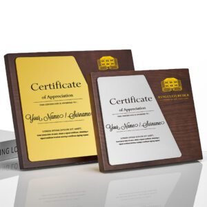 Dark wood plaque with metal plates in gold or silver