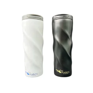 thermal flasks in white and another in black with external special texture pattern.